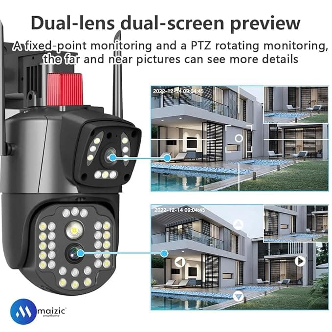 Honyman - Smarthome 5MP +5MP Wireless WiFi CCTV Camera Dual Lens/Dual Screen Video Record, Color Night Vision, Bullet+360° PTZ Control, PIR Motion Sensor, IP66 Waterproof (ON-3V37-SPDT) thumbnail 5